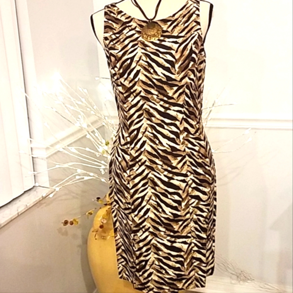 Adrianna Papell Zebra Print Silk-Linen dress, sz 4, Br, Blk